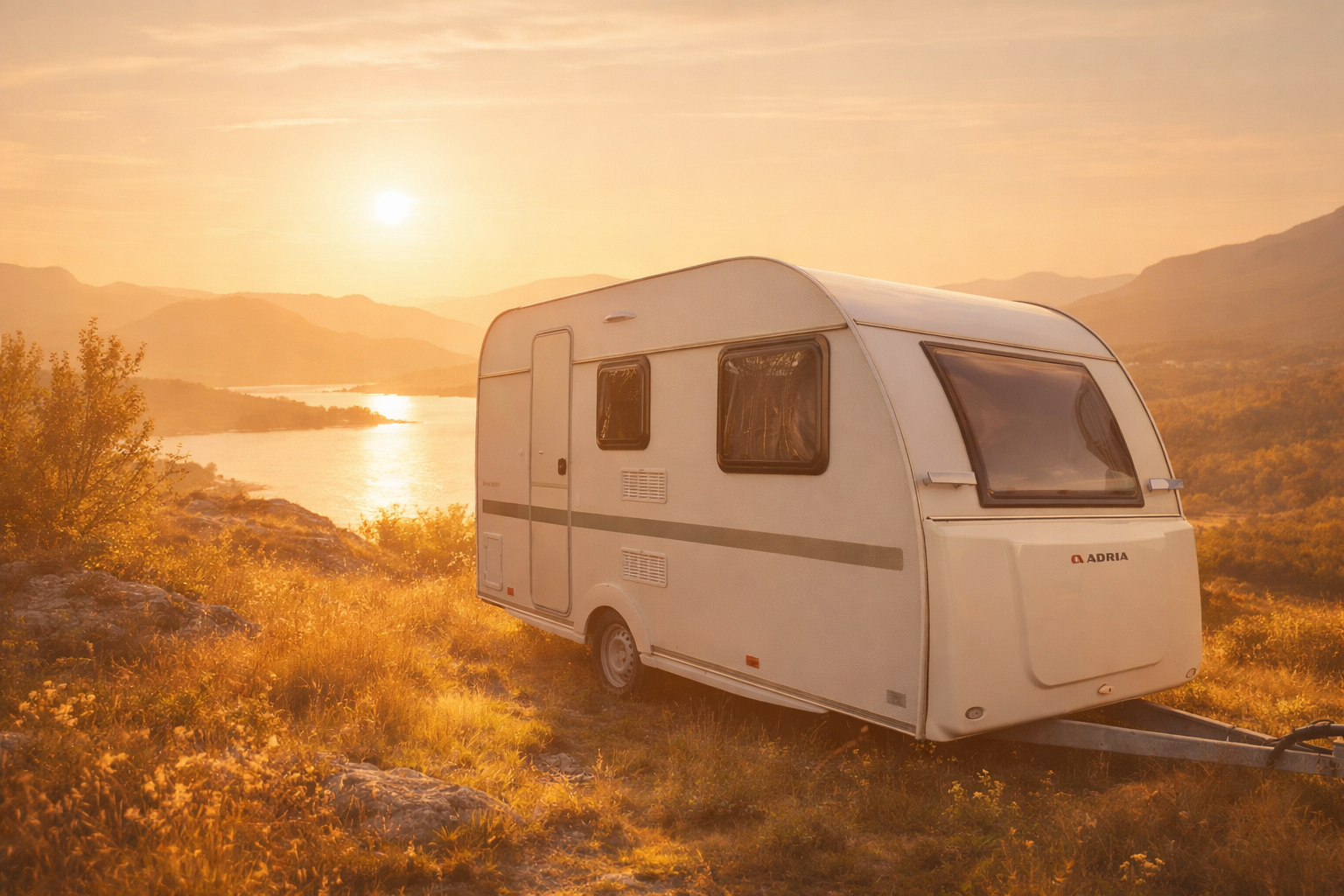 Campingvogn i solnedgang ved fjorden